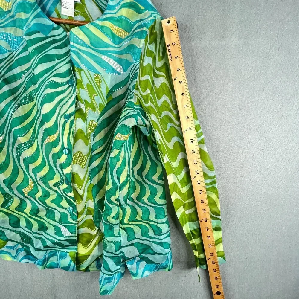 New Diane Gilman Silk Tunic Blouse Womens Med Button Front Sequins Green Blue - Picture 9 of 14